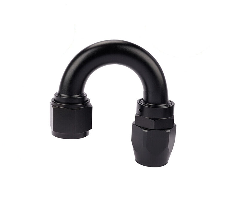 Black 180 degree AN fitting for black nylon fibber braided rubber oil cooler hose and stainless steel wire braided rubber oil cooler hose in vehicles and motorcycles oil coolant system.