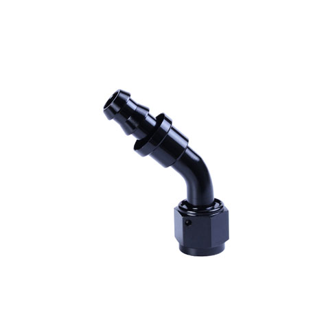 Pushlock 45 degree AN fitting suitable for pushlock rubber oil hose and stainless steel wire braided rubber oil hose and black nylon fiber braided rubber oil hose in vehicles and motorcycles oil coolant system.